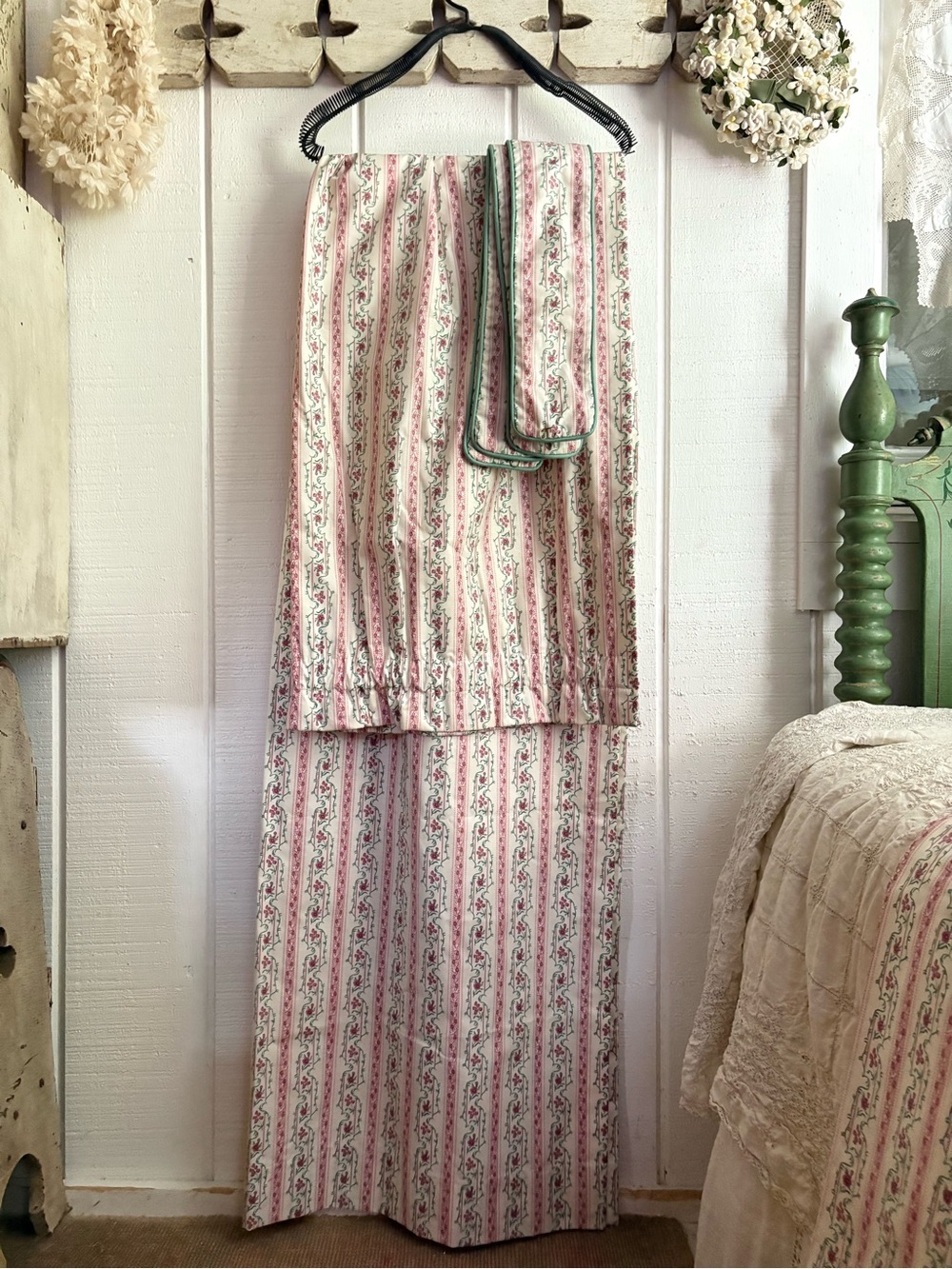 Vintage Cotton Heavy Floral Branch  Ticking Stripes Curtains set of 2 Flaws